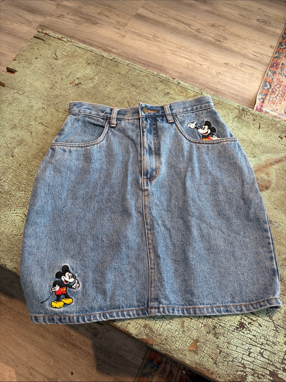 Vintage Disney Store Mickey Mouse Denim Skirt Medium Peace Love Embroidered